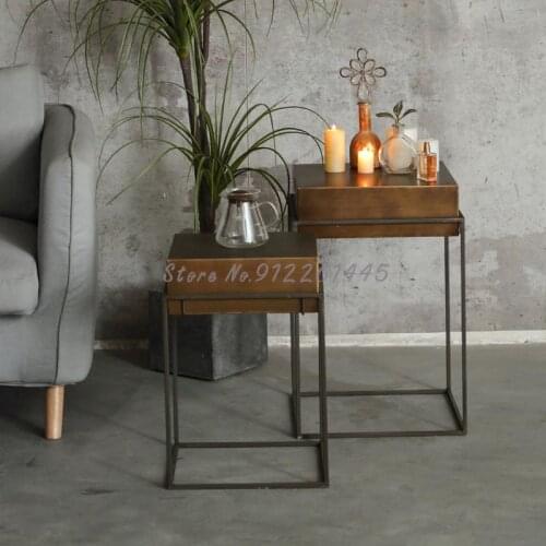 American country coffee table sofa side table simple retro wrought iron corner table living room balcony square table industrial