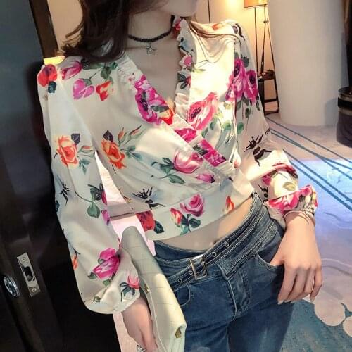 Women Long-Sleeve Crop Top Korean Fashion Clothing Sexy V-Neck Ruffles Design Lantern Sleeve Floral Print Blouse Female Shirts