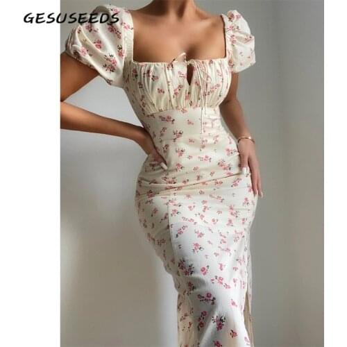 Summer Elegant Dress Women Vintage Floral Dresses Party Square Neck Midi Dress Puff Sleeve Slim Dresses White Lace Up Dress 2021