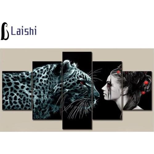 5pcs set diamond Painting Art Modular Black leopard and beauty Pictures diamond embroidery full square round mosaic home Decor