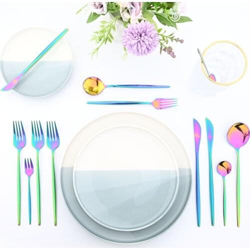 JANKNG Stainless Steel Cutlery Set Rainbow Tableware Home Kitchen Fork Spoon Knife Spoon Set Dinnerware Set Dropshipping for 6