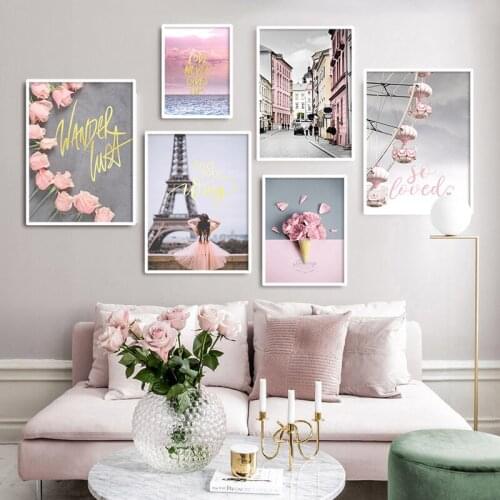 Paris Tower Wall Picture Pink Flower Posters Nordic Scandinavian Landscape Print Canvas Paintings for Living Room Fashion Decor