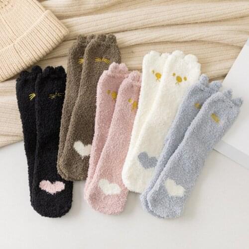 5 Pairs Spring Winter Lady Socks Style Coral Velvet Embroidered Home Cute Cat Claw Middle Tube Sleep Stereo Ear Women Floor Sock