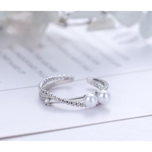 New Double Line Cross Silver Plated Ring Fashion Personality Lady Micro Inlay Zircon Pearl Ring Charm Women Valentines Day Gift