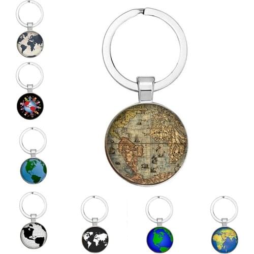 New Type 25mm Handmade Fashion World Map Keychain Glass Cabochon Earth Art Picture Keychain Key Pendant Metal Alloy Gift For Tra
