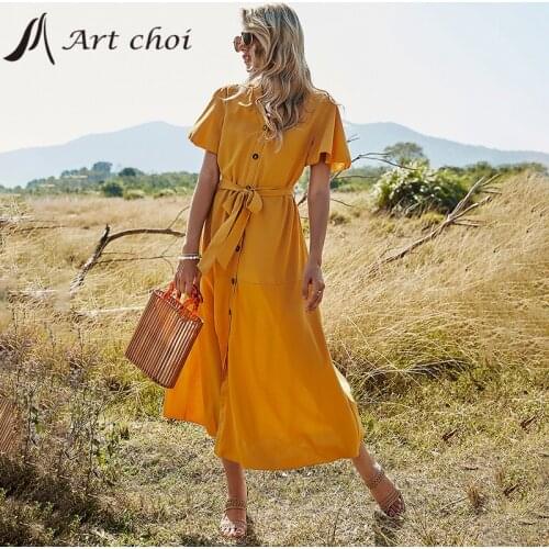 Women Party Mid-Length A-Line V-Neck Dress Summer Single Breasted Beach Shirt Short Sleeve Lady Korean Style Boho Midi Vestido