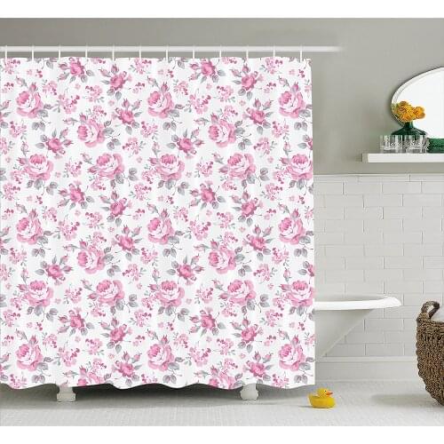Shabby Chic Decor Shower Curtain Pink Roses with Grey Leaves Bedding Plants Spring Blossoms Waterproof Curtains Home Decor