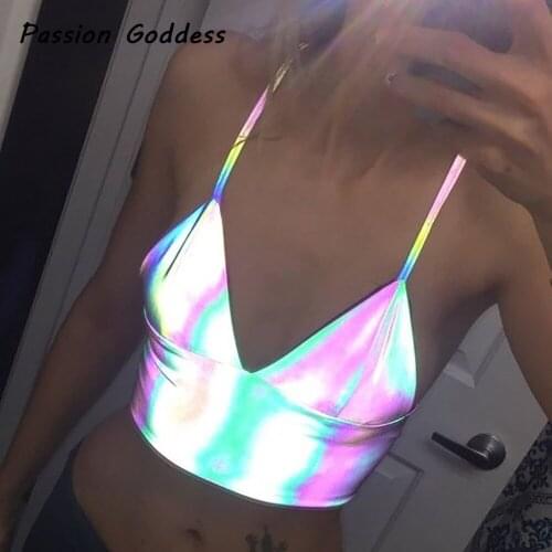 Sexy Women Reflective Camisole Deep V Laser Reflective Camis Sleeveless Strapless Bandage Bustier Lingerie Bralette Dance Camis
