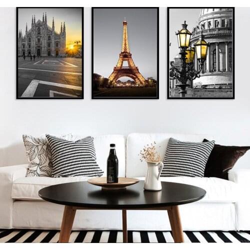 Modern Nordic Style Black and White Gold Tower Street Lamp City Building Home Decorative Painting Material Living Room Painting