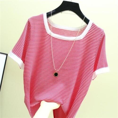T Shirts Women Korean Summer Vintage Patchwork Striped Knit Simple Top Thin Casual Short Sleeve Square Collar Tee Shirt X207