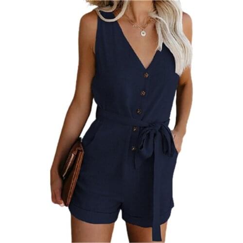 2021 Women Playsuit Summer V Neck Sleeveless Button Belt Bow Casual Jumpsuit Solid Street Romper Fashion Black White Overalls