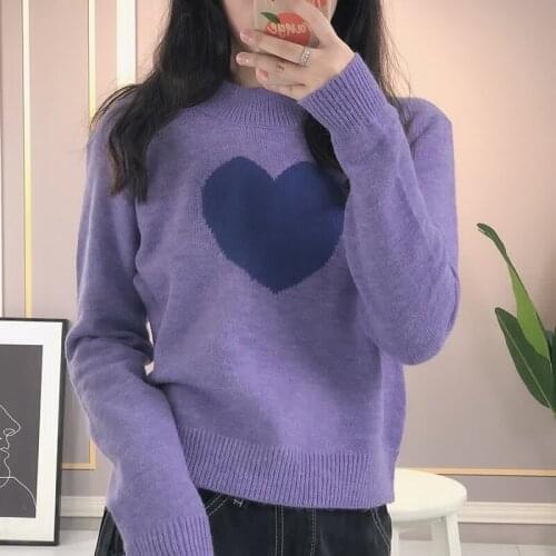 Purple Cropped Sweater Women Runway Pullover Jumpers 2021 Spring New O-Neck Heart Jacquard Knit Sweater Crop Tops Knitwear