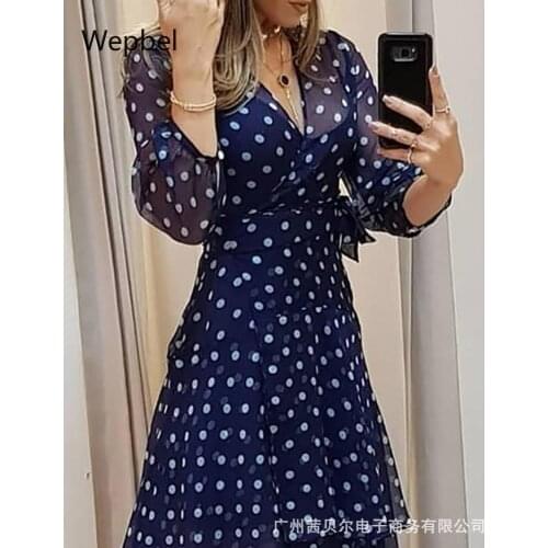 WEPBEL Blue Polka Dots Floral Printed Dress Fashion Casual Women Dress Long Sleeve A-line High Waist V-neck Long Dress