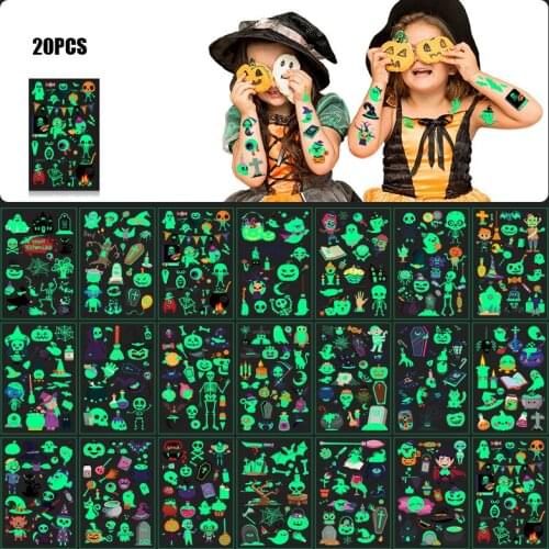 20 Sheets Temporary Tattoos Stickers Luminous Pumpkin Skull Tattoo Stickers Waterproof Lasting Halloween Makeup Set NK-Shopping