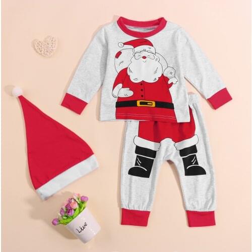 3Pcs Toddlers Christmas Outfits, Santa Claus Print Long Sleeve Sweatshirt + Casual Pants + Hat for Baby Girls, Boys Christmas