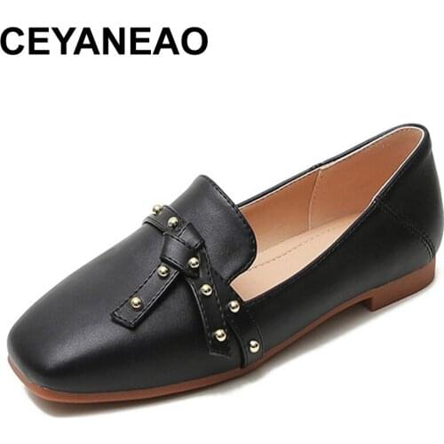 CEYANEAO 2020 Women Fashion Rivet Belt Buckle Square Head Shoes Lady Comfortable Large Size Boat Shoes