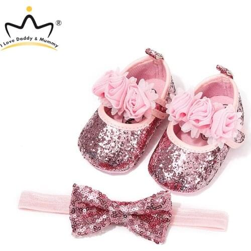 Lovely Sequin Baby Shoes 2 Pcs/set Newborn Baby Girl Headband And Toddler Shoes Flower Childrens Infant Shoes Booties Schuhe