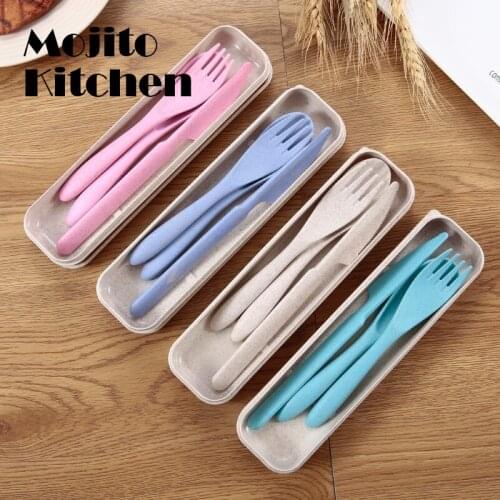 3pcs/set Travel Cutlery Portable Box Japan Style Wheat Straw Knife Fork Spoon Student Dinnerware Sets Kitchen Tableware