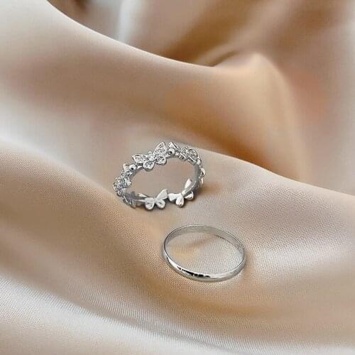 2Pcs/Set Zircon Butterfly Ring Set Cute Womens Crystal Rings Wedding Band Engagement Ring Bridal Set Fashion Couple Jewelry