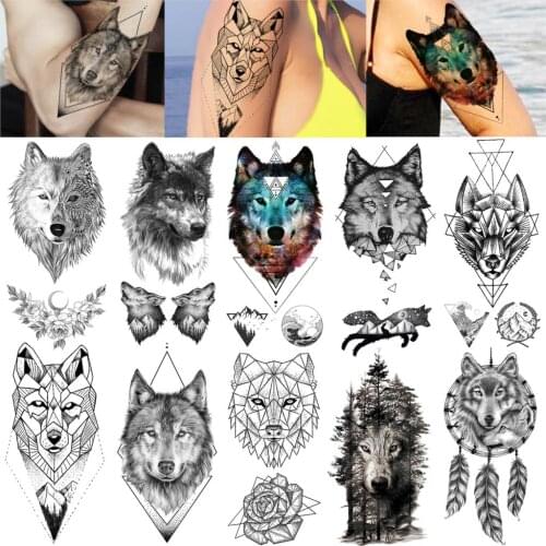 Cool Adults Temporary Tattoos Sticker For Girls Geometric Black Wolf Face Waterproof Tatoo Paste For Women Man Tattoos Body Art