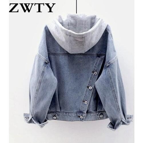 ZWTY Hooded Denim Hip Hop Jacket Women Fashion Single Breasted Plus Size Vintage Streetwear Jeans Drop Shoulder Coat Female