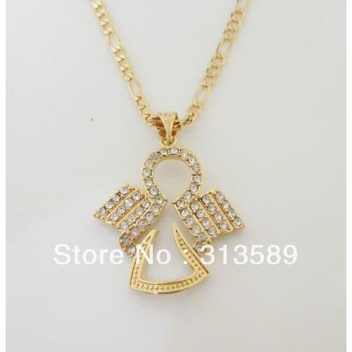Min order 10$ CAN MIX DESIGN - YELLOW GOLD OVERLAY FILL BRASS 24" FIGARO NECKLACE&ANGEL CZ STONE PENDANT/Great Gift