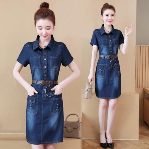 New Summer Style Women Dresses Plus Size Fashion Turn-Down Collar Belt Slim Solid Jeans Dress For Women Larger Denim One-Piece