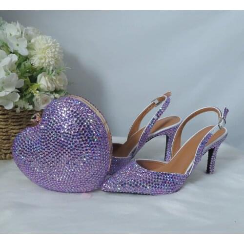 2021 New arrival heart-shaped purple AB shiny pointed wedding shoes and bags ladies high-heeled stiletto party dress sho