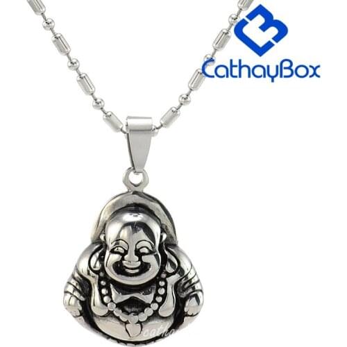 Smiling Buddha Necklace Black EnamelStainless SteelPendant Buddhism Jewelry SS Sausage 60CM Chain
