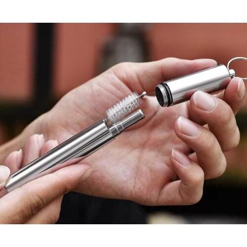 Portable Reusable Folding Drinking Straws Stainless Steel Metal Telescopic Foldable Straws with Aluminum Case & Cleaning brush