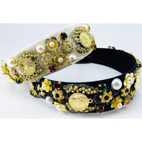 Luxury Gold Flower Hair Accessories Wide Hairbands Sparkly Padded Rhinestones Headbands Headdress Black White Women Headband