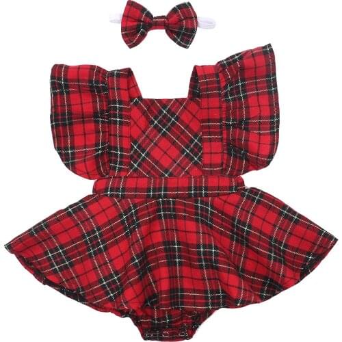 0-24M Newborn Baby Girl Christmas Clothes Outfits Ruffle Sleeve Red Plaid Romper Dress+Bow Headband Set Cute Baby Xmas Party Set