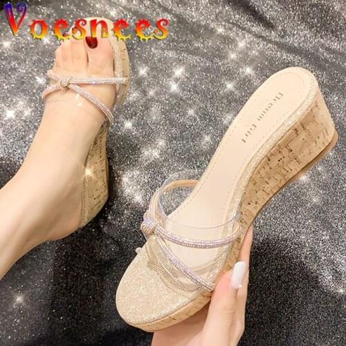 Korean Style Transparent Wedges Slippers Chain Butterfly-Knot One Word Strap Platform Sandals Sweet Fairy Med Heels Women Shoes