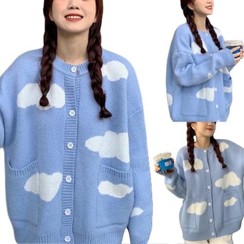 Female Sweater，Spring Autumn Casual Long Coat Womens Japanese Blue Knitted Cardigan