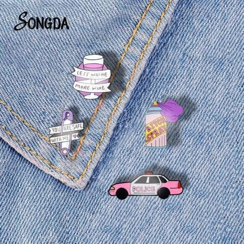 Wine Glass Car Spray Pink Collections Art Epoxy Lapel Pins Denim Shirt Backpack Brooch Acrylic Icons Badges Gift for Women Girls
