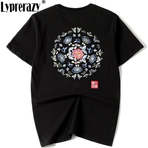 Yprerazy Unisex Summer Cotton T-shirt Mens Embroidery Flowers Tees Shirt Male Black Chinese Style Original Brand T Shirt
