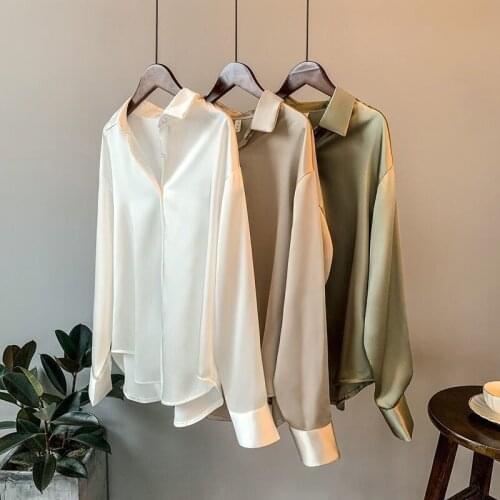 High Quality Elegant Imitation Silk Shirt Spring Women Fashion Long Sleeve Satin Shirt Retro Women Standing Street Shirt 2021