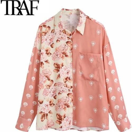 TRAF Women Fashion Patchwork Floral Print Loose Blouses Vintage Long Sleeve Button-up Female Shirts Chic Tops
