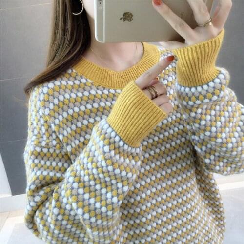Autumn Winter New Sweater Womens Round Neck Short Knitted Sweater Striped Long Sleeves Jumpers Female Loose Pullover Women