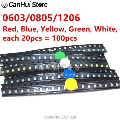 5 colors x 20Pcs =100Pcs 1206 SMD LED light Package Red White Green Blue Yellow 0603/0805/1206 SMT LED kit Free Shipping
