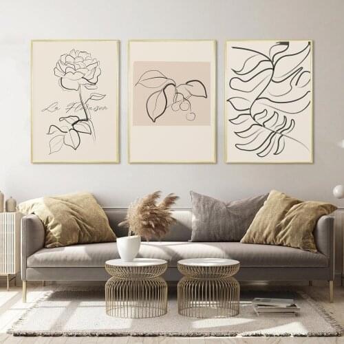 Abstract Line Flower Leaf Poster Natural Canvas Painting Minimalist Art Print Neutral Wall Picture For Living Room Home Décor