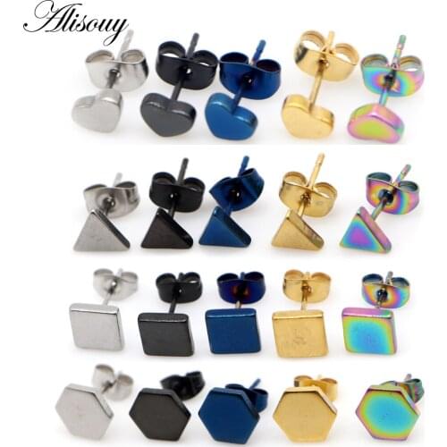 Alisouy 2pcs Unisex simple Triangle Square Hexagon Heart stainless Steel Earrings Anti allergy Piercing Ear Stud fashion Jewelry