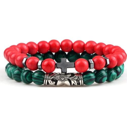Charms Bracelets&Bangles 2Pcs/Set Red Turquoises Hematite Cross Beaded Bracelet Elastic Rope Natural Stone Jewelry For Women/Men