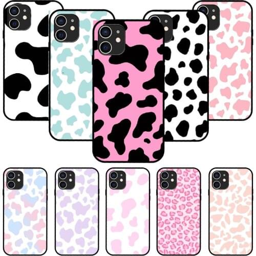For iPhone 11 12 8 Plus Mini Pro X XR XS Max 4 5 7 6 6S 8 SE Phone Case Black Cover Funda 3D Hoesjes Soft Coque Cow pattern