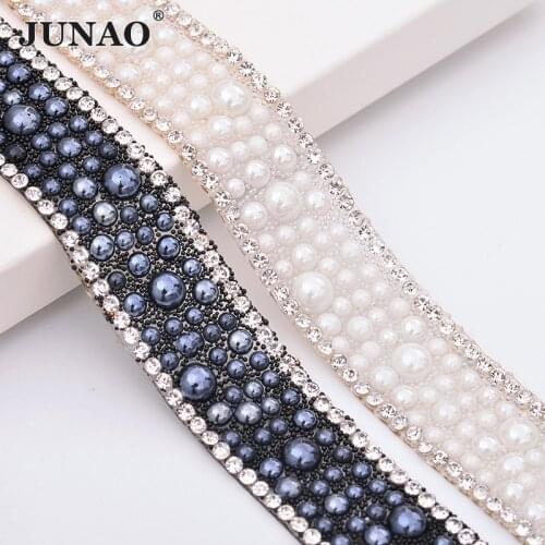 JUNAO 5 Yard*18mm White Black Pearl Trim Chain Crystal Fabric Rhinestones Ribbon Glass Hotfix Strass Tape for DIY Dress Crafts