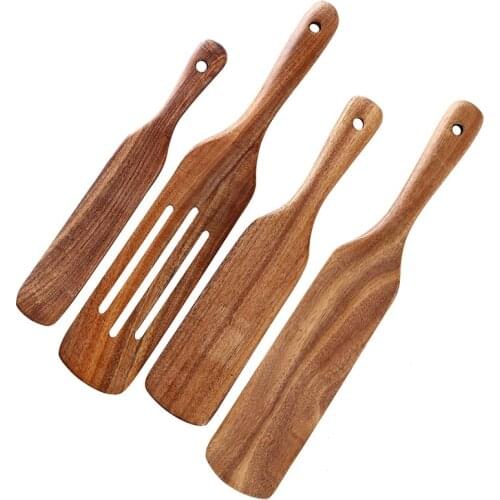 Wooden Cooking Utensils,4 Pcs Natural Teak Kitchen Utensil Set Heat Resistant Non Stick Wood Cookware with Hanging Hole