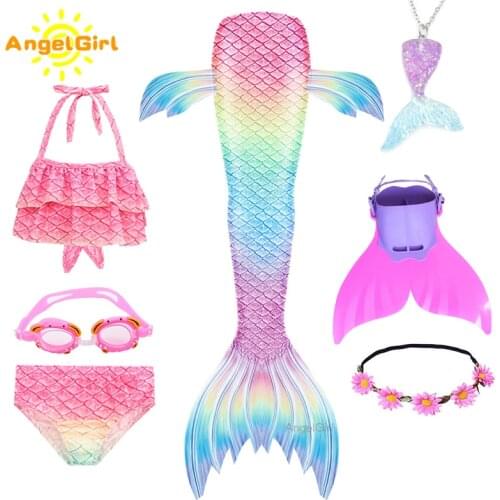 AngelGirl Mermaid Tail Princess Swimable Children Mermaid Suit With Flipper Cosplay Fantasy Holiday Beach Bikini Summer Dress
