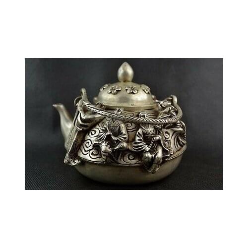 Collectible Old Decorate Handwork Tibet Silver Carving Famous 8 Immortal Tea Pot