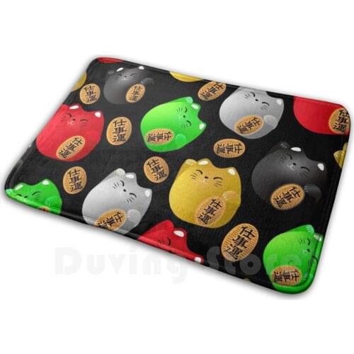Fun Colorful Maneki - Neko Cats Pattern On Black Mat Rug Carpet Anti-Slip Floor Mats Bedroom Maneki Maneki Neko Manekineko