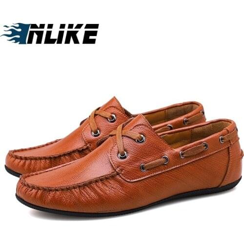 INLIKE Men Genuine Leather Lattice Loafers Man Casual Slip on Doug Shoes Male Lazy Driving Boat Penny Shoes